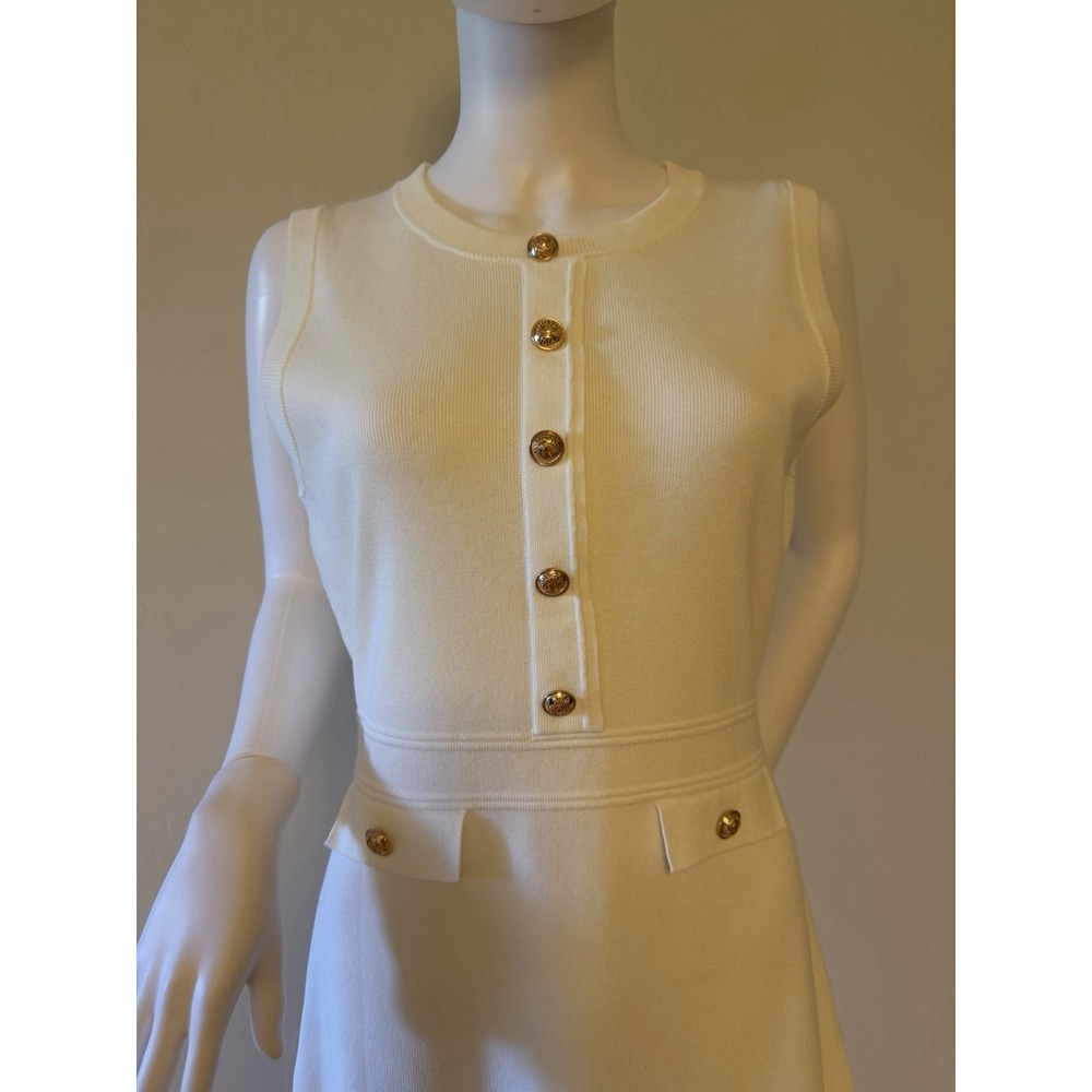 MEROKEETY Women's White Knit Sleeveless Sweater Dress With Golden Buttons Size S - Picture 5 of 16